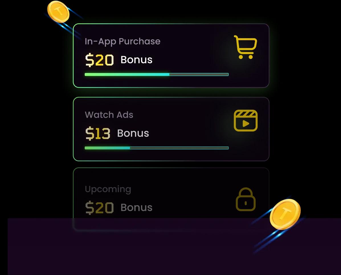 Daily rewards stack showing in-app purchase, watch ads and upcoming bonuses