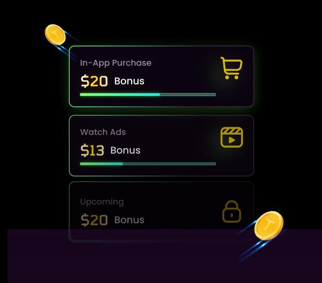 Daily rewards stack showing in-app purchase, watch ads and upcoming bonuses